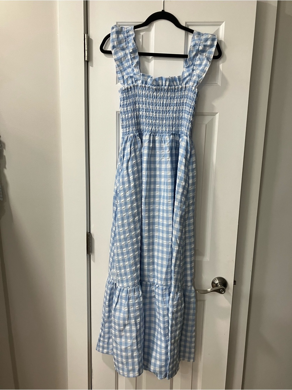 Light Blue Gingham Maxi Dress with Ruffle Straps